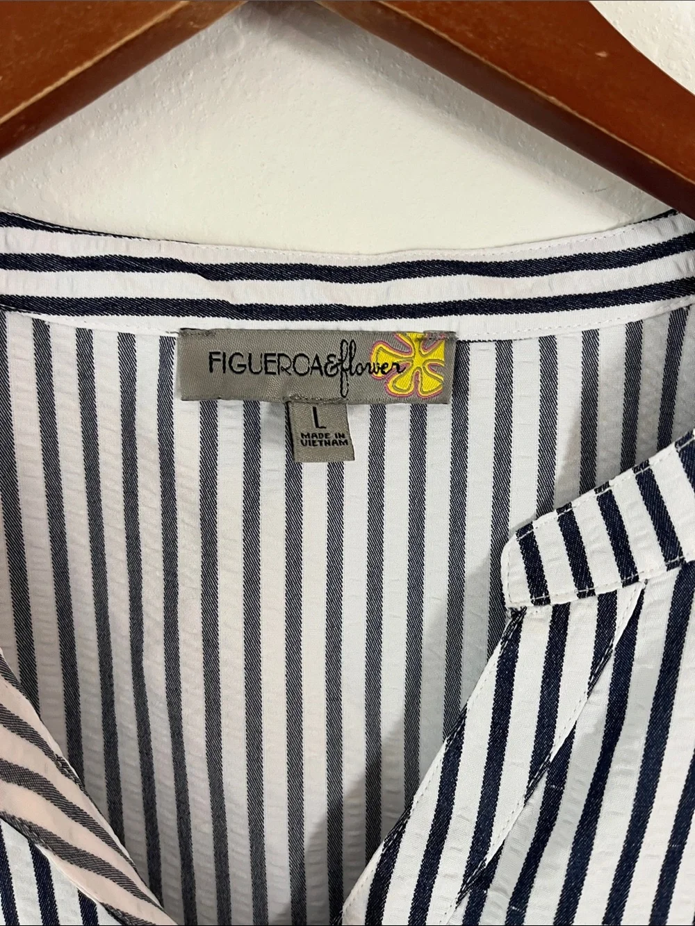 Boutique Black & White Striped Button-Down Blouse with Embroidered Sleeves